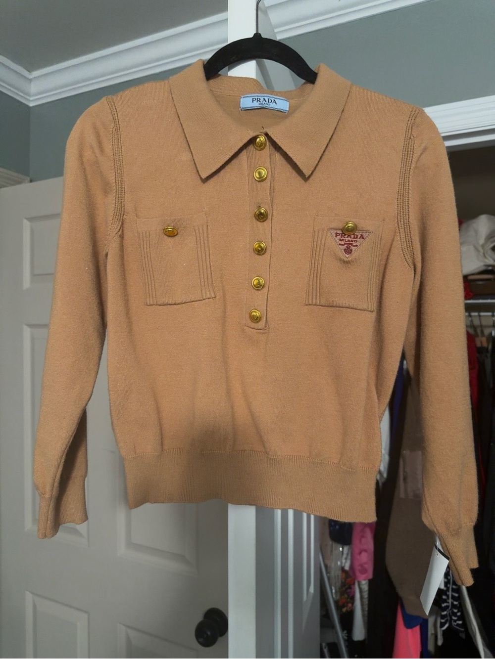 Prada Tan Knit Polo Sweater with Gold Buttons